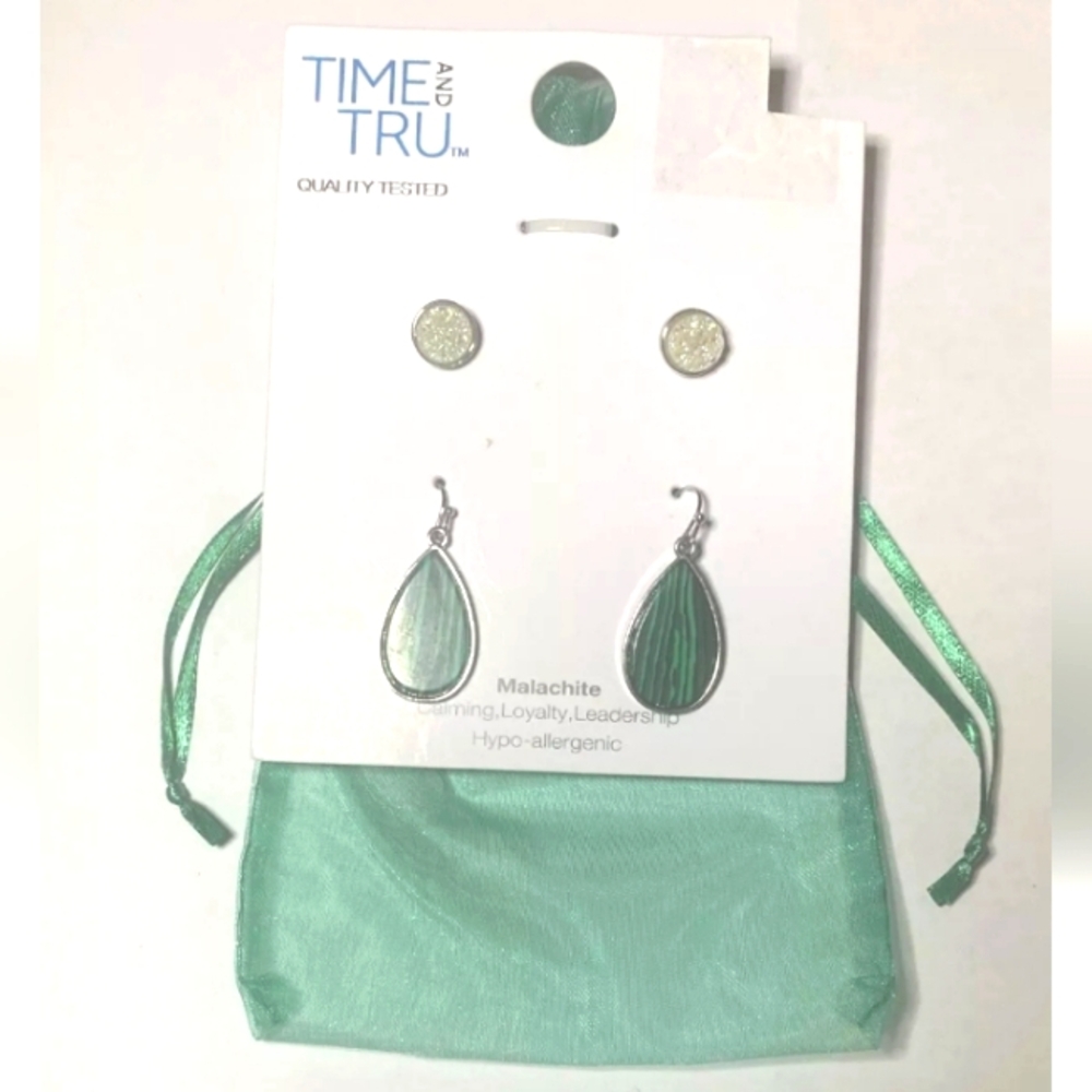 Time and Tru Set Of 3 Hypo-Allergenic Malachite Green Earrings With Dust Bag